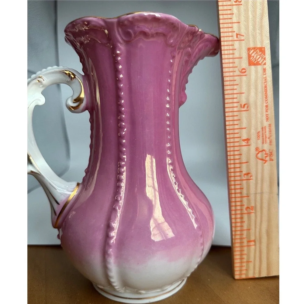VTG Pink Ombre Porcelain Pitcher Gold Gilded Ornate Handle Mold 6975‎ Victorian